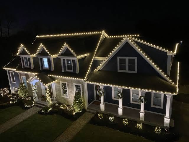 Full roofline outline and lit trees on a navy sided home