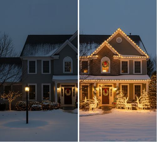 Home before and after Christmas light installation by Clear View