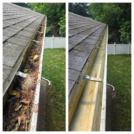 Roof gutter before and after cleaning by Clear View